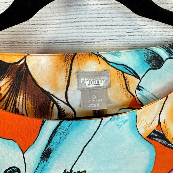 Chico's Women's Orange & Blue Tropical Iris Floral Spring Blouse Size 0 (US 4/6) - Picture 4 of 9